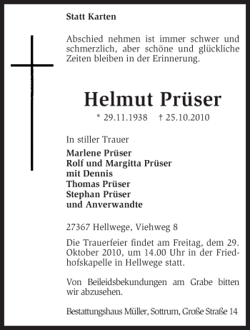 Todesanzeige von Helmut Prüser von KREISZEITUNG SYKE