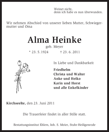 Todesanzeige von Alma Heinke von KREISZEITUNG SYKE
