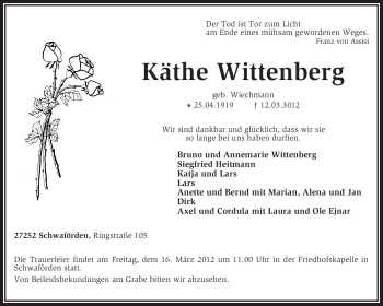 Todesanzeige von Käthe Wittenberg von KREISZEITUNG SYKE