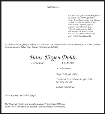 Todesanzeige von Hans-Jürgen Dohle von KREISZEITUNG SYKE