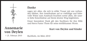 Todesanzeige von Annemarie von Deylen von KREISZEITUNG SYKE