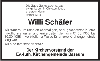 Todesanzeige von Willi Schäfer von KREISZEITUNG SYKE