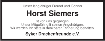 Todesanzeige von Horst Siemers von KREISZEITUNG SYKE