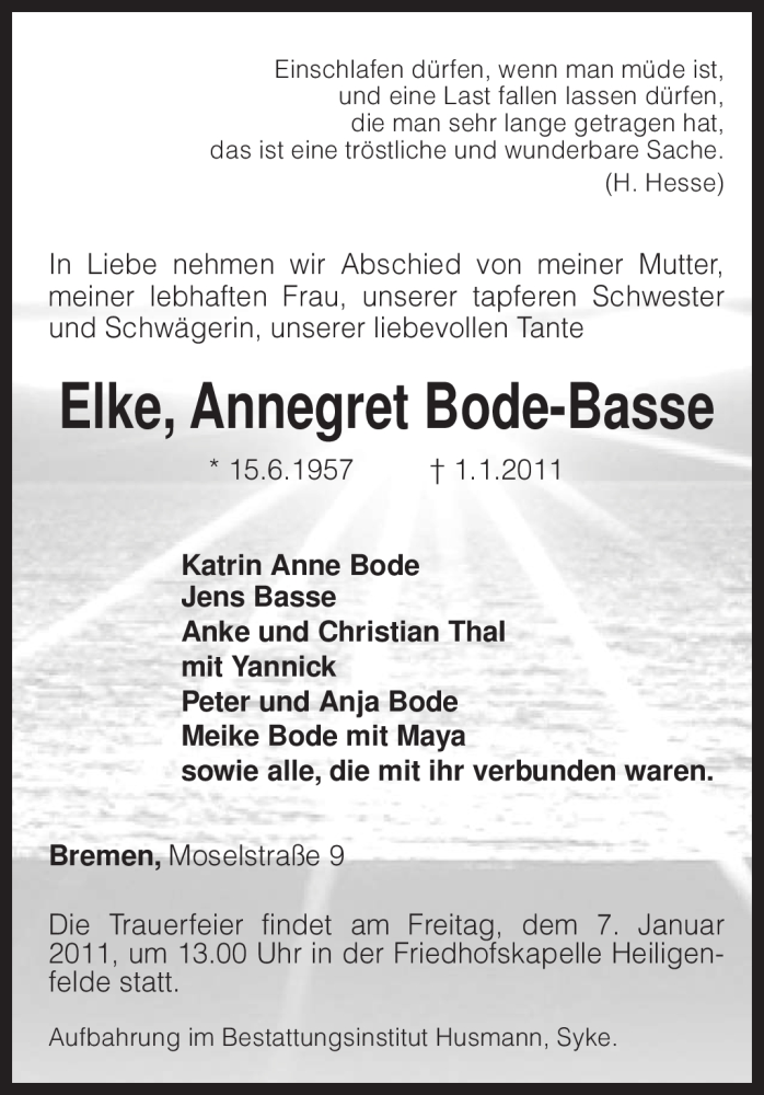  Traueranzeige für Elke Annegret Bode-Basse vom 04.01.2011 aus KREISZEITUNG SYKE