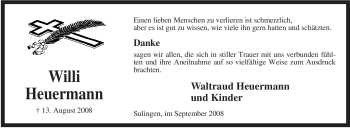 Todesanzeige von Willi Heuermann von KREISZEITUNG SYKE