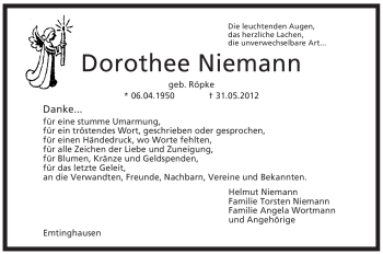 Todesanzeige von Dorothee Niemann von KREISZEITUNG SYKE