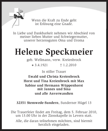 Todesanzeige von Helene Speckmeier von KREISZEITUNG SYKE