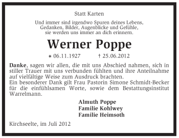 Todesanzeige von Werner Poppe von KREISZEITUNG SYKE