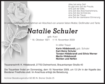 Todesanzeige von Natalie Schuler von KREISZEITUNG SYKE