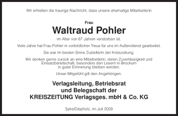 Todesanzeige von Waltraud Pohler von KREISZEITUNG SYKE