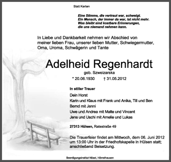 Todesanzeige von Adelheid Regenhardt von KREISZEITUNG SYKE
