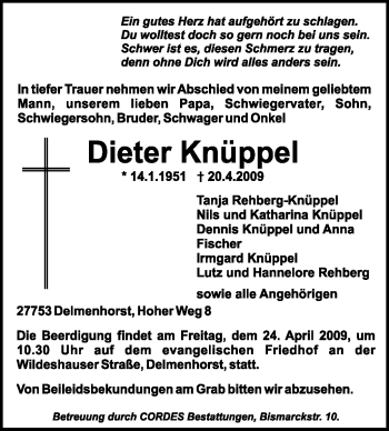 Todesanzeige von Dieter Knüppel von KREISZEITUNG SYKE