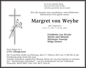 Todesanzeige von Margret von Weyhe von KRZ