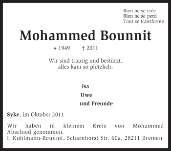 Todesanzeige von Mohammed Bounnit von KREISZEITUNG SYKE