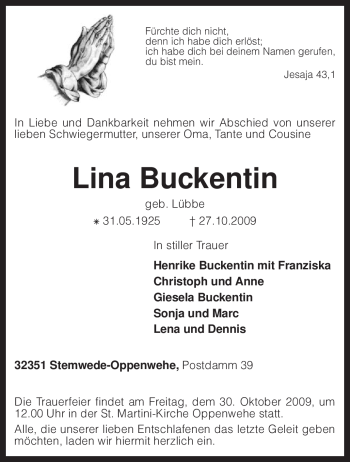 Todesanzeige von Lina Buckentin von KREISZEITUNG SYKE