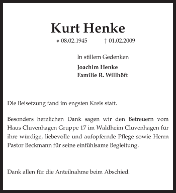 Todesanzeige von Kurt Henke von KREISZEITUNG SYKE