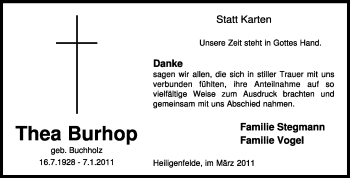 Todesanzeige von Thea Burhop von KREISZEITUNG SYKE