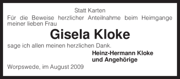 Todesanzeige von Gisela Kloke von KREISZEITUNG SYKE