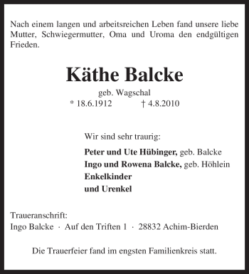 Todesanzeige von Käthe Balcke von KREISZEITUNG SYKE