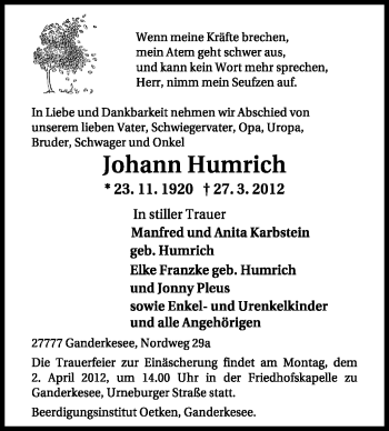 Todesanzeige von Johann Humrich von KREISZEITUNG SYKE