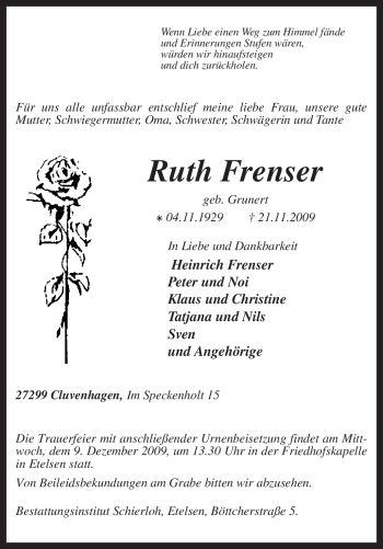 Todesanzeige von Ruth Frenser von KREISZEITUNG SYKE