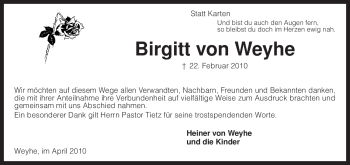 Todesanzeige von Birgitt von Weyhe von KREISZEITUNG SYKE