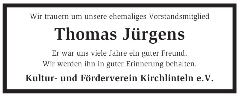  Traueranzeige für Thomas Jürgens vom 04.06.2012 aus KREISZEITUNG SYKE