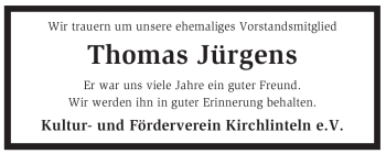 Todesanzeige von Thomas Jürgens von KREISZEITUNG SYKE