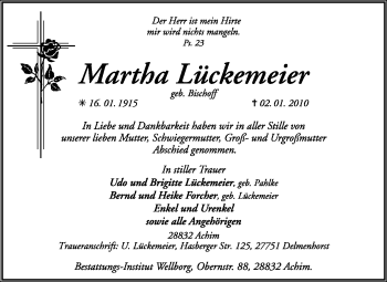 Todesanzeige von Martha Lückemeier von KREISZEITUNG SYKE