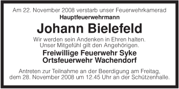 Todesanzeige von Johann Bielefeld von KREISZEITUNG SYKE