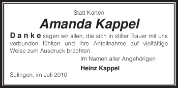 Todesanzeige von Amanda Kappel von KREISZEITUNG SYKE