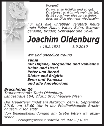 Todesanzeige von Joachim Oldenburg von KREISZEITUNG SYKE