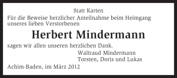 Todesanzeige von Herbert Mindermannl von KREISZEITUNG SYKE