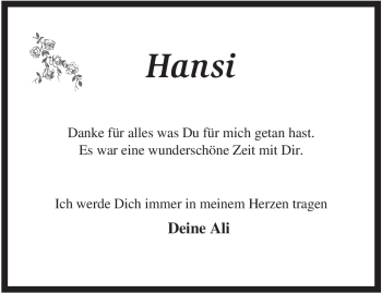 Todesanzeige von Hansi Unbekannt von KREISZEITUNG SYKE