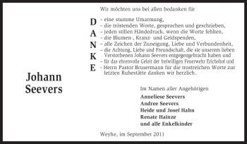 Todesanzeige von Johann Seevers von KREISZEITUNG SYKE