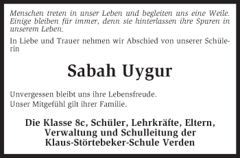 Todesanzeige von Sabah Uygur von KRZ