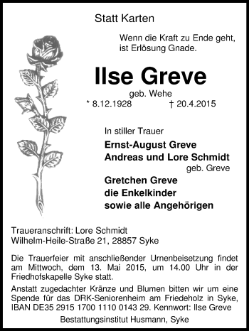 Todesanzeige von Ilse Greve von KRZ