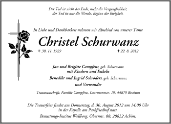 Todesanzeige von Christel Schurwanz von KRZ