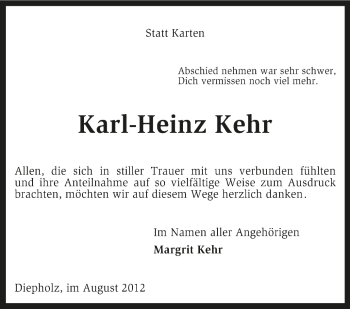 Todesanzeige von Karl-Heinz Kehr von KRZ