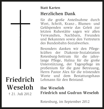 Todesanzeige von Friedrich Weseloh von KRZ