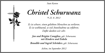 Todesanzeige von Christel Schurwanz von KRZ