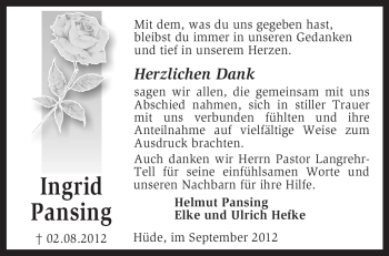 Todesanzeige von Ingrid Pansing von KRZ