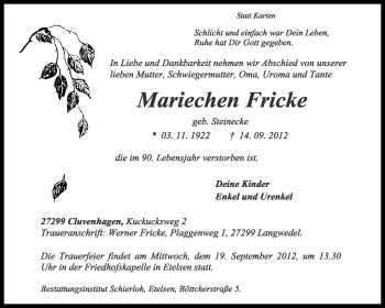 Todesanzeige von Mariechen Fricke von KRZ