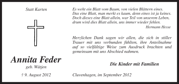 Todesanzeige von Annita Feder von KRZ