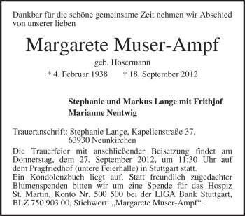 Todesanzeige von Margarete Muser-Ampf von KRZ