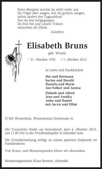 Todesanzeige von Elisabeth Bruns von KRZ