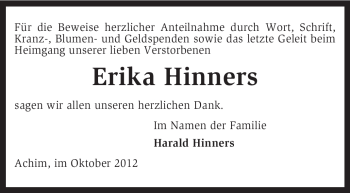 Todesanzeige von Erika Hinners von KRZ