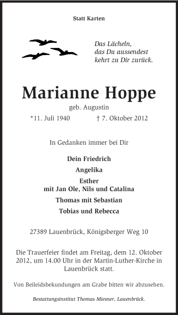 Todesanzeige von Marianne Hoppe von KRZ