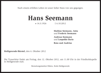 Todesanzeige von Hans Seemann von KRZ