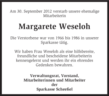 Todesanzeige von Margarete Weseloh von KRZ